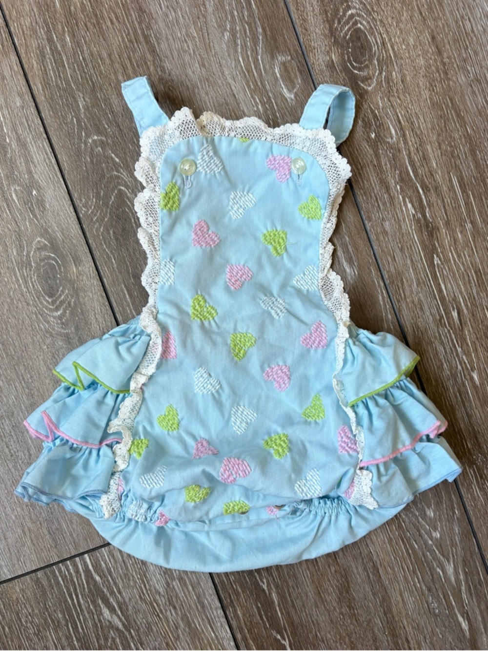 Vintage Baby Girl Smocked Bubble Romper 6-12M Blue Heart Embroidered Ruffles